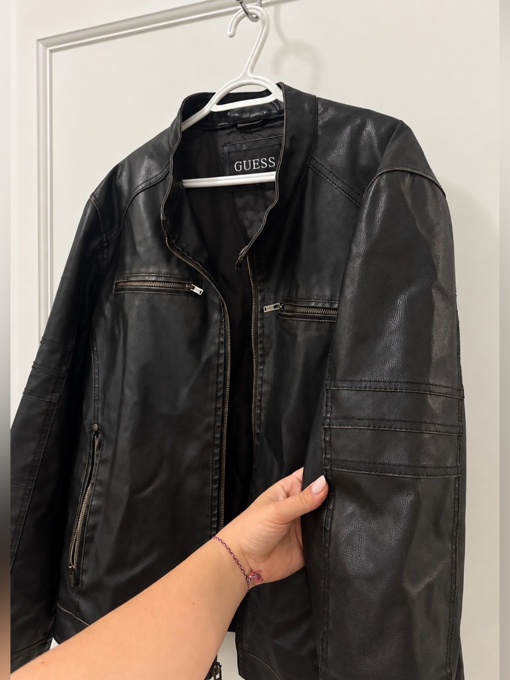 GUESS Men Black Brown Leather Moto-Style Jacket